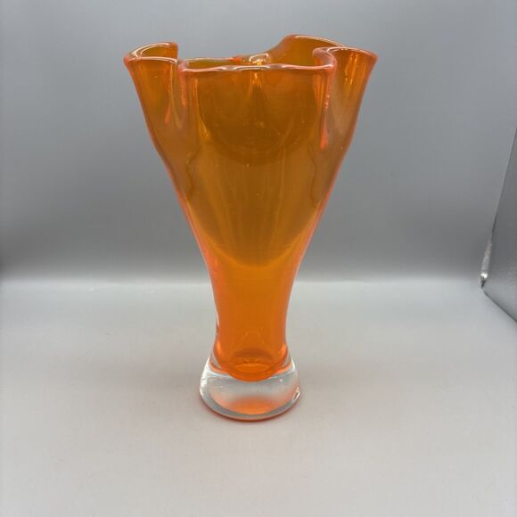 Unmarked Other - Vintage Handblown Art Glass Orange Ruffled Handkerchief Vase 9-3/8” Tall